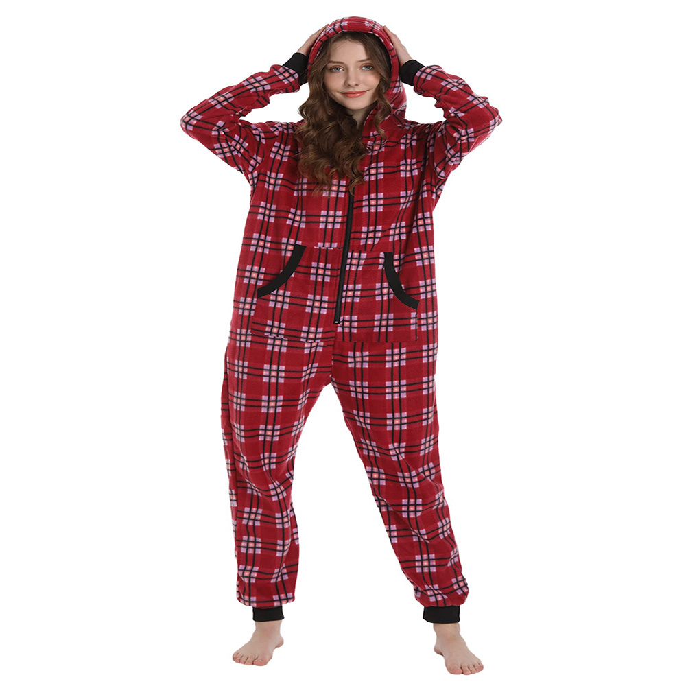 Unisex Check Onesie Christmas Zip Up Matching Onesie Hooded Pajamas One Piece Non-Footed Jumpsuit Adult Teenager