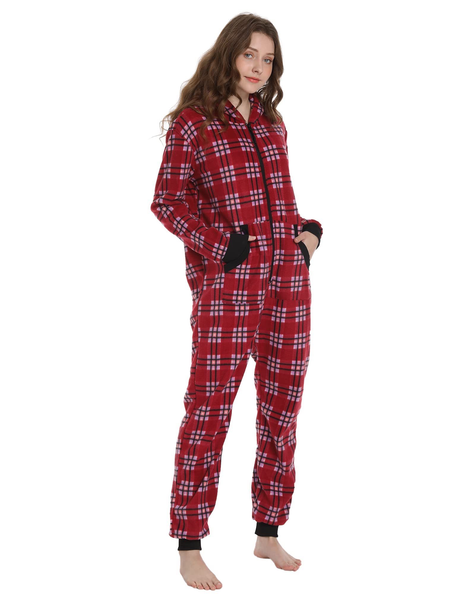 Unisex Check Onesie Christmas Zip Up Matching Onesie Hooded Pajamas One Piece Non-Footed Jumpsuit Adult Teenager