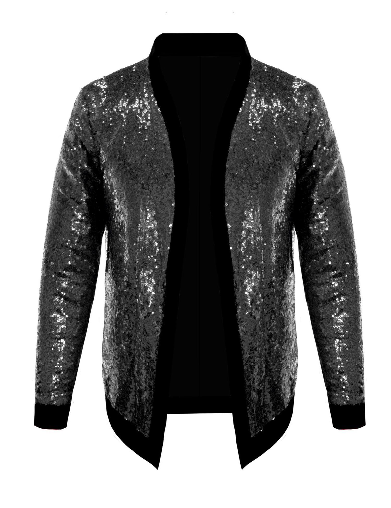 Mens Cardigan All Over Sparkle Sequin Open Front Long Sleeve Jacket with Ribbed Cuffs