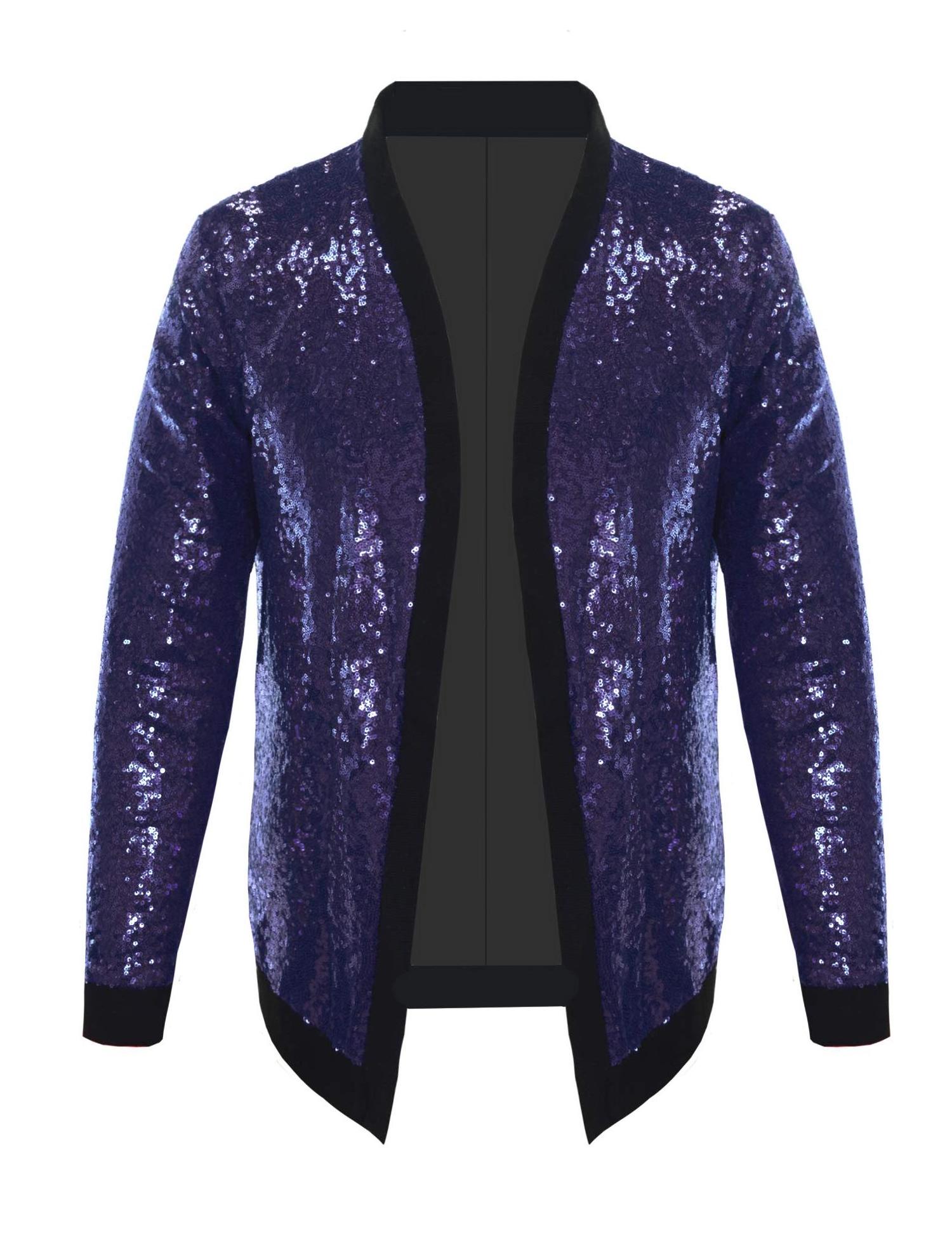 Mens Cardigan All Over Sparkle Sequin Open Front Long Sleeve Jacket with Ribbed Cuffs