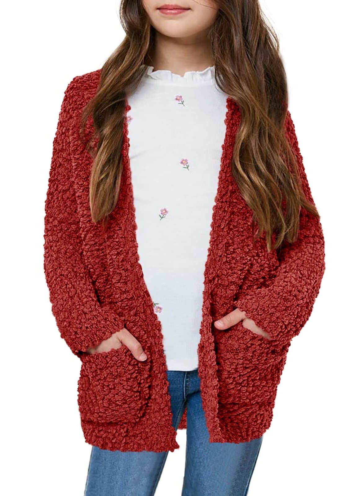 Girls Kids Casual Cardigans Sweaters Open Front Knitted Sweater Outwears with Pockets