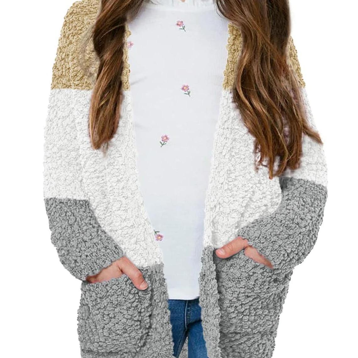 Girls Kids Casual Cardigans Sweaters Open Front Knitted Sweater Outwears with Pockets