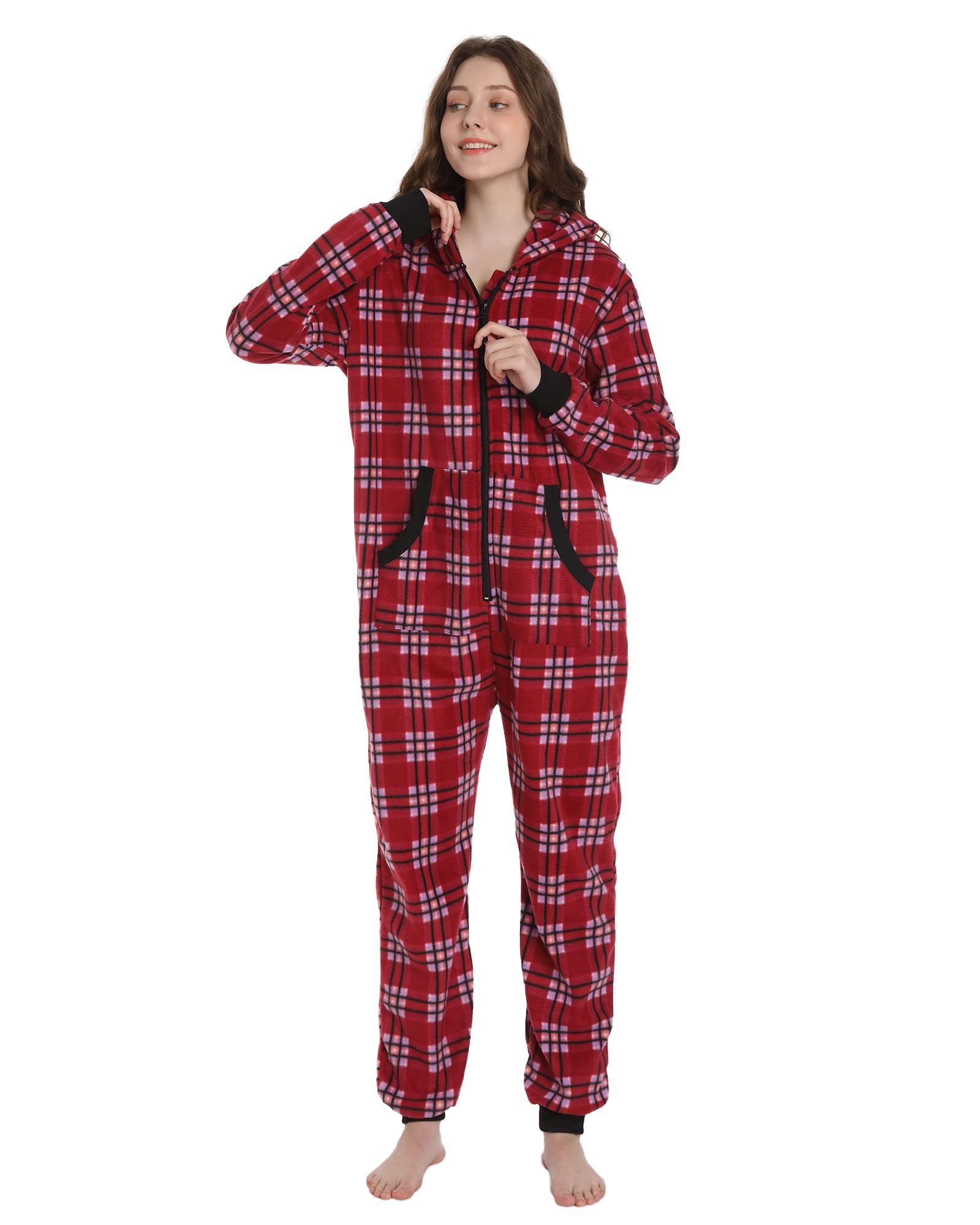 Unisex Check Onesie Christmas Zip Up Matching Onesie Hooded Pajamas One Piece Non-Footed Jumpsuit Adult Teenager