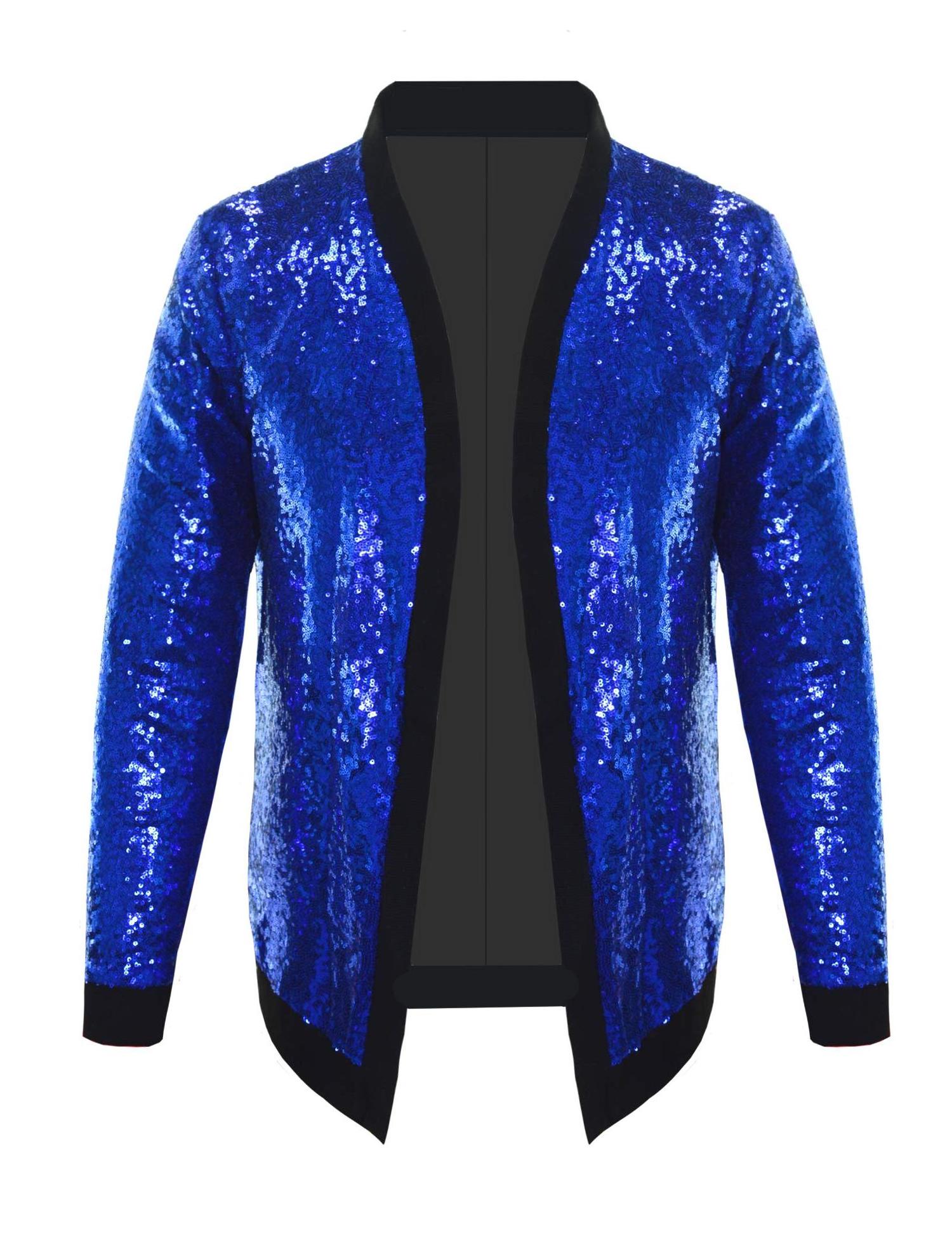 Mens Cardigan All Over Sparkle Sequin Open Front Long Sleeve Jacket with Ribbed Cuffs