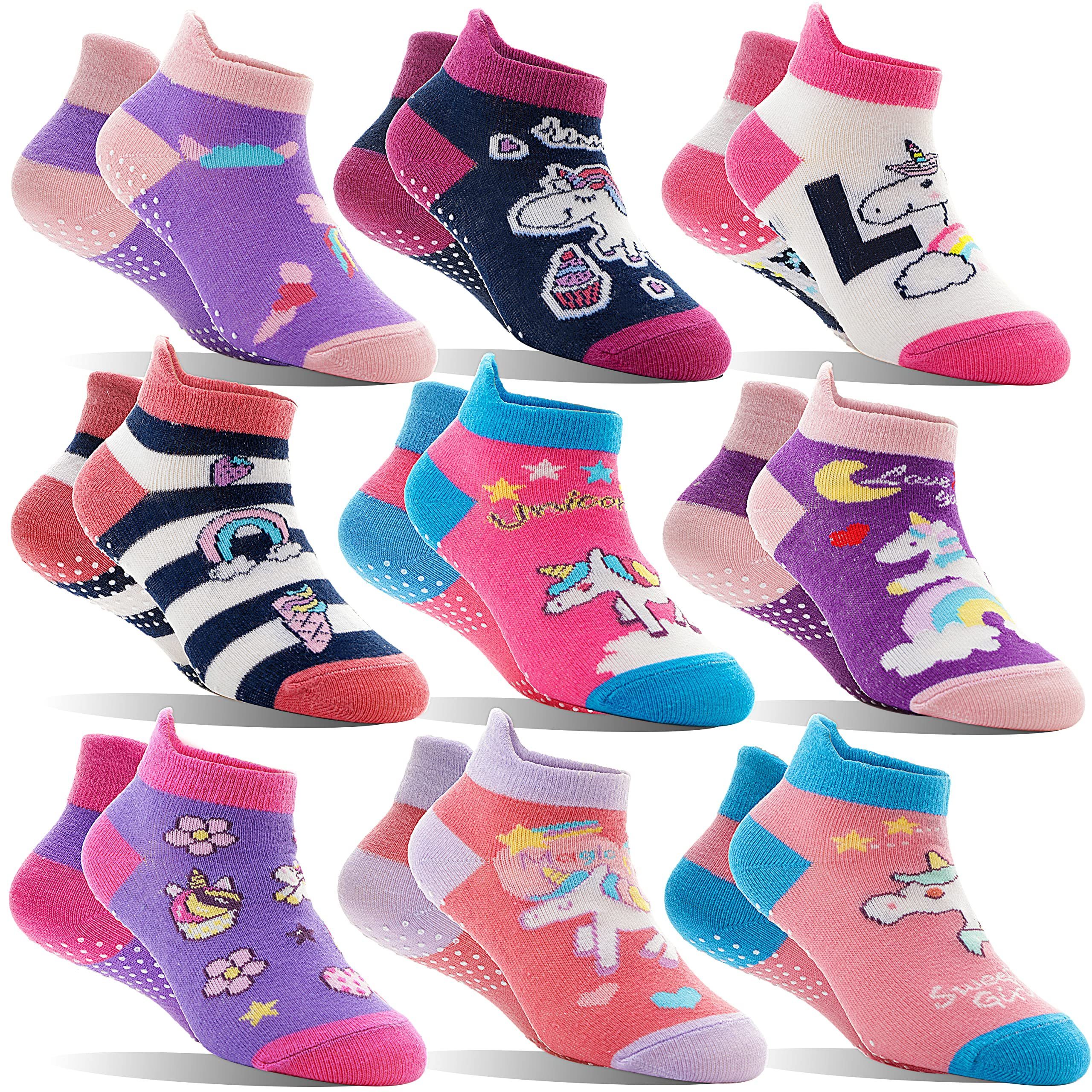 Baby Girls Toddlers Grips Socks Kids Non Slip Anti Skid Ankle Unicorn Cotton No Show Socks with Grippers 9 Pairs