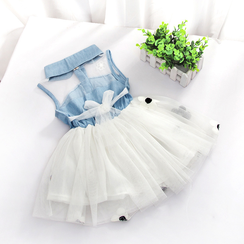 Baby Clothes Summer Toddler Floral Embroidery Mesh Princess Dress Birthday Party wedding Girls Denim Dress