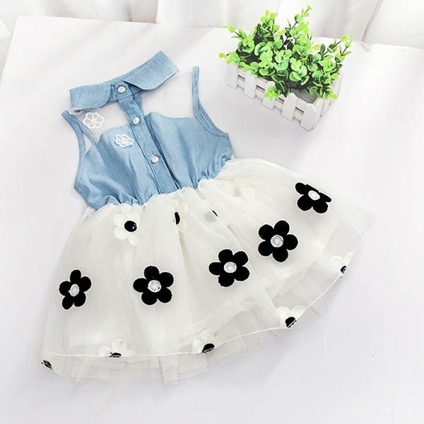 Baby Clothes Summer Toddler Floral Embroidery Mesh Princess Dress Birthday Party wedding Girls Denim Dress