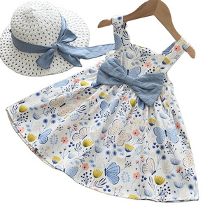 Children Clothes Baby Girls Toddler Sleeveless A-Line Sundress Princess Dress Butterfly Printed Girls' Summer Dresses with Hat