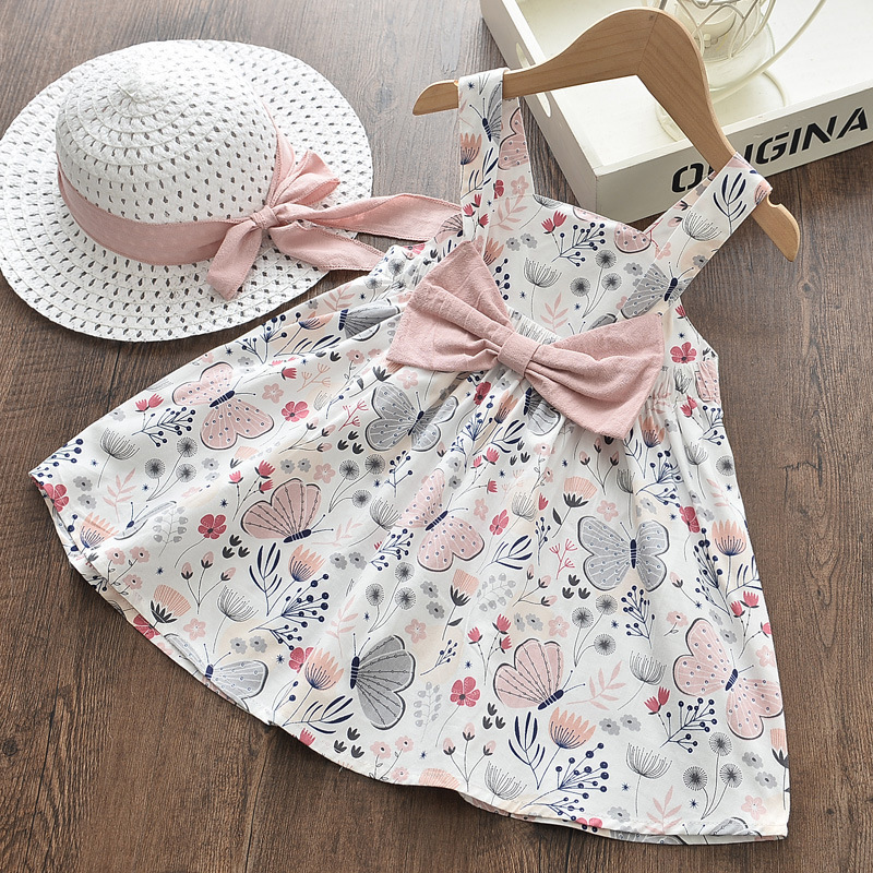 Children Clothes Baby Girls Toddler Sleeveless A-Line Sundress Princess Dress Butterfly Printed Girls' Summer Dresses with Hat