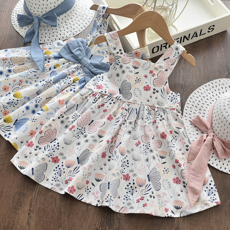 Children Clothes Baby Girls Toddler Sleeveless A-Line Sundress Princess Dress Butterfly Printed Girls' Summer Dresses with Hat