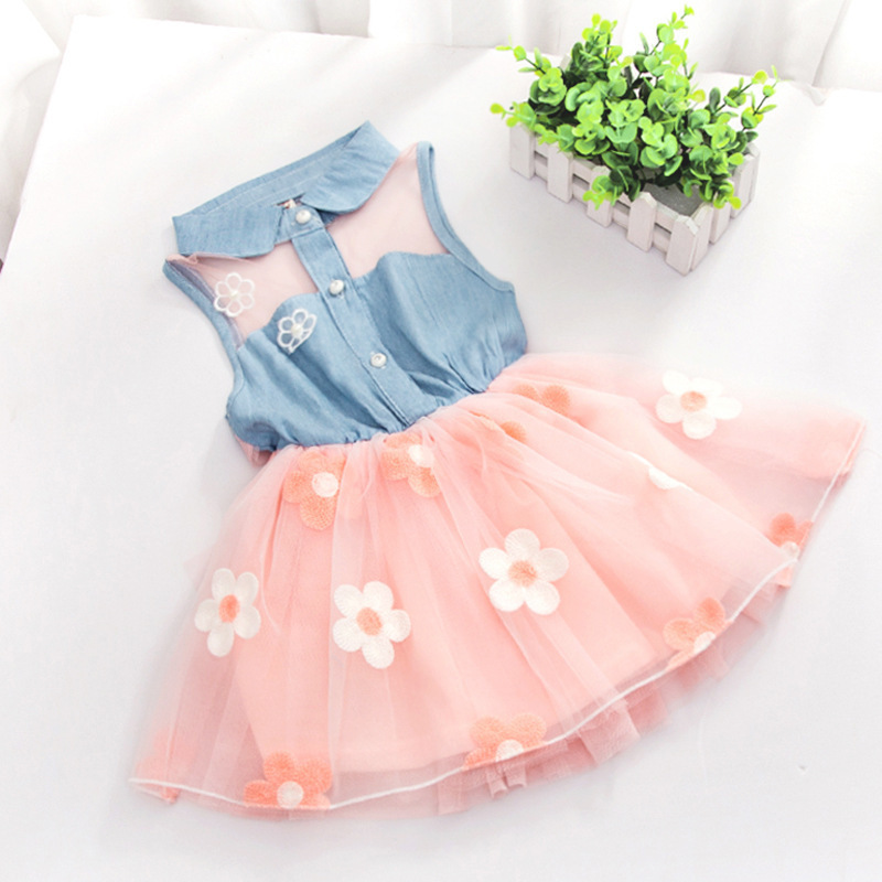 Baby Clothes Summer Toddler Floral Embroidery Mesh Princess Dress Birthday Party wedding Girls Denim Dress