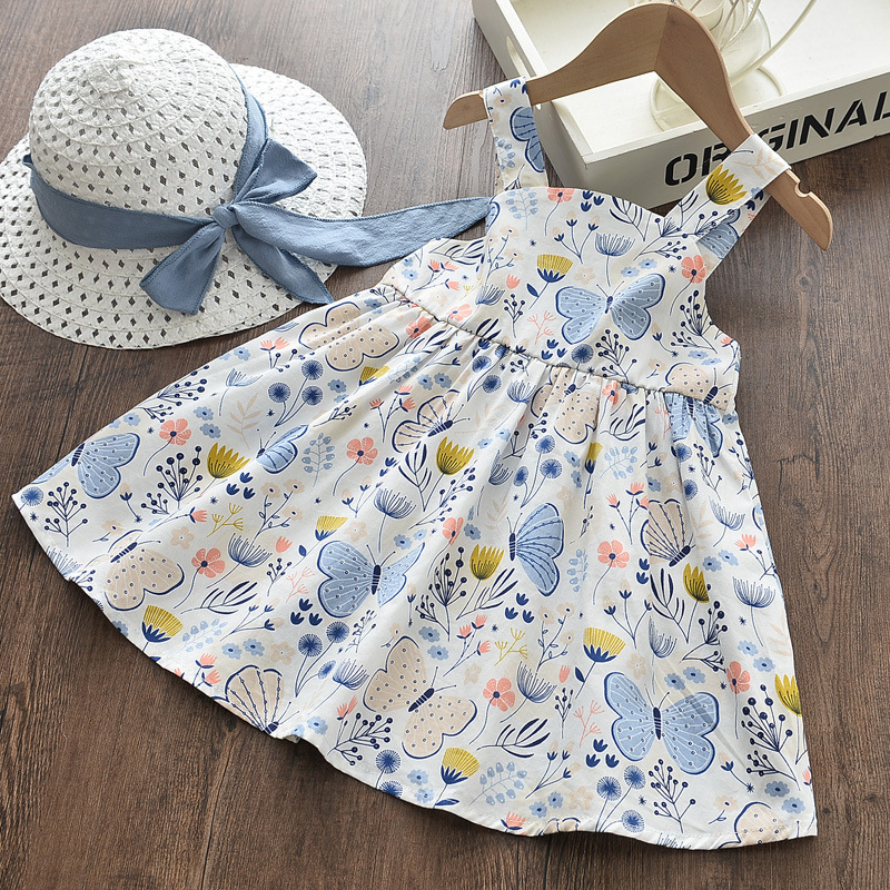 Children Clothes Baby Girls Toddler Sleeveless A-Line Sundress Princess Dress Butterfly Printed Girls' Summer Dresses with Hat