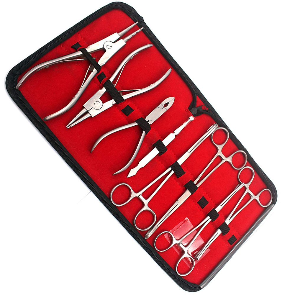 Professional Body Piercing Tool Kit 8 Pcs Ear Nose Nipple Piercing Tool Kit Clamps Forceps With PU Leather Set