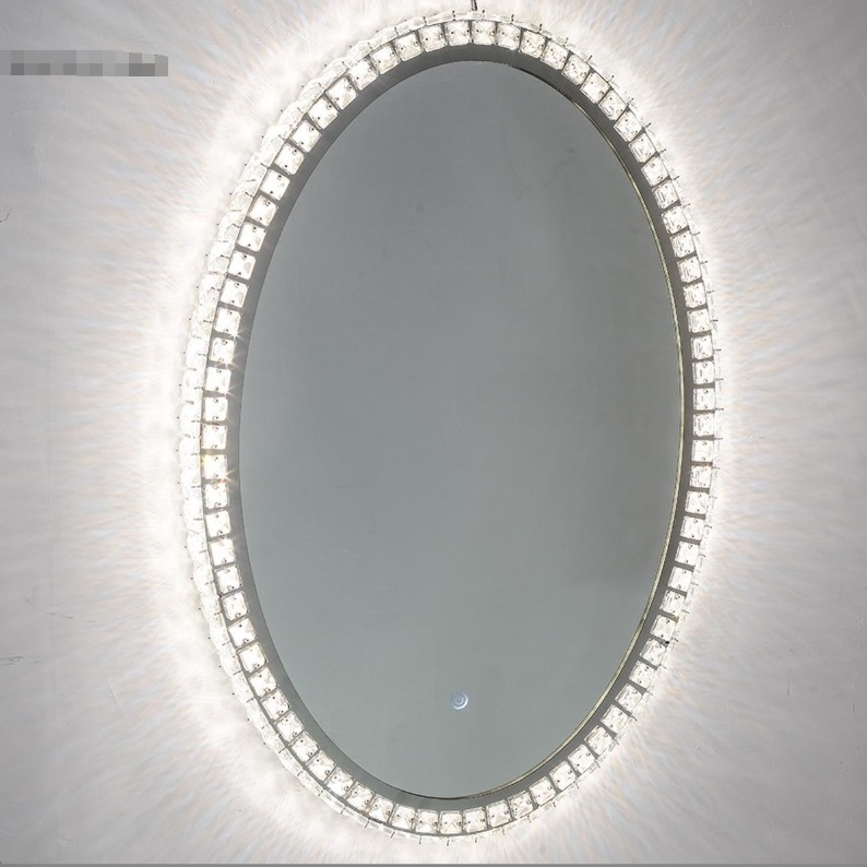 Oval shape tabletop glass Sparkly crushed diamond Desktop led Lighted make up mirror with 3 color lights