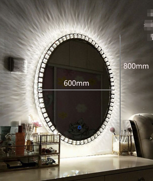 Oval shape tabletop glass Sparkly crushed diamond Desktop led Lighted make up mirror with 3 color lights