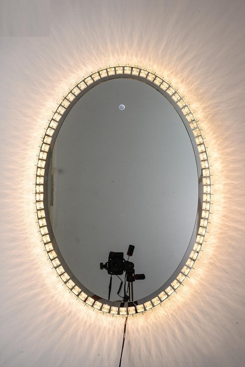 Oval shape tabletop glass Sparkly crushed diamond Desktop led Lighted make up mirror with 3 color lights