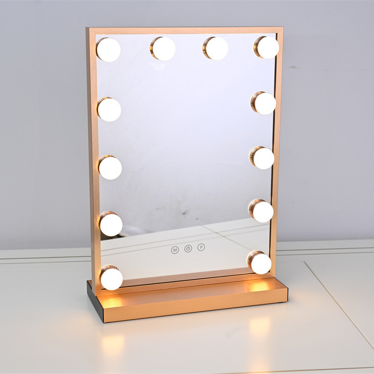 Tabletop square customized Led bulb Lighted Table Cosmetic Use Cheap Vanity Mirror gold frame