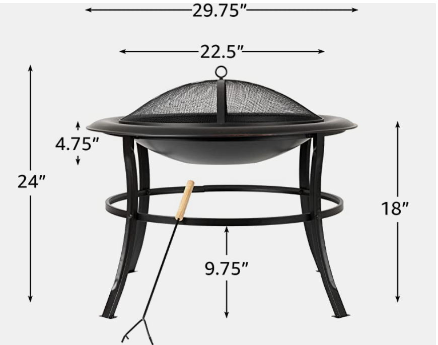 30 inch Steel Wood Burning Lightweight Portable Outdoor Firepit Round firebowl brazier Included Wood Grate and Screen Lift Tool