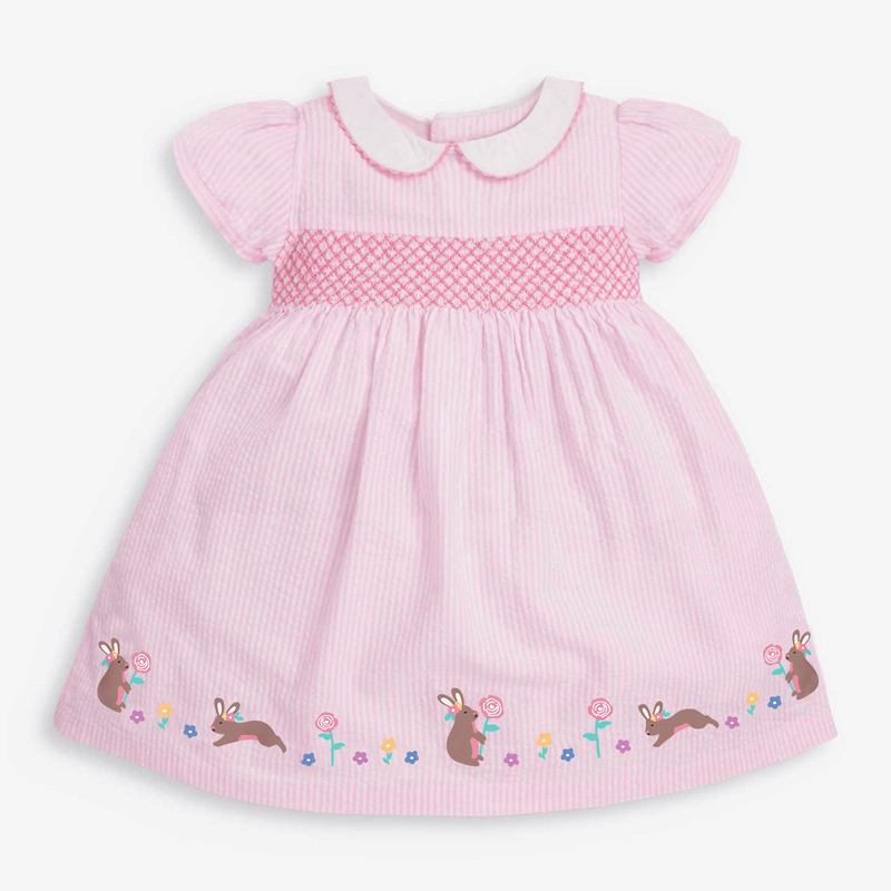 Wholesale Baby casual Clothes Easter Pink Short Sleeve kid Smocked Toddler children Girls Dresses