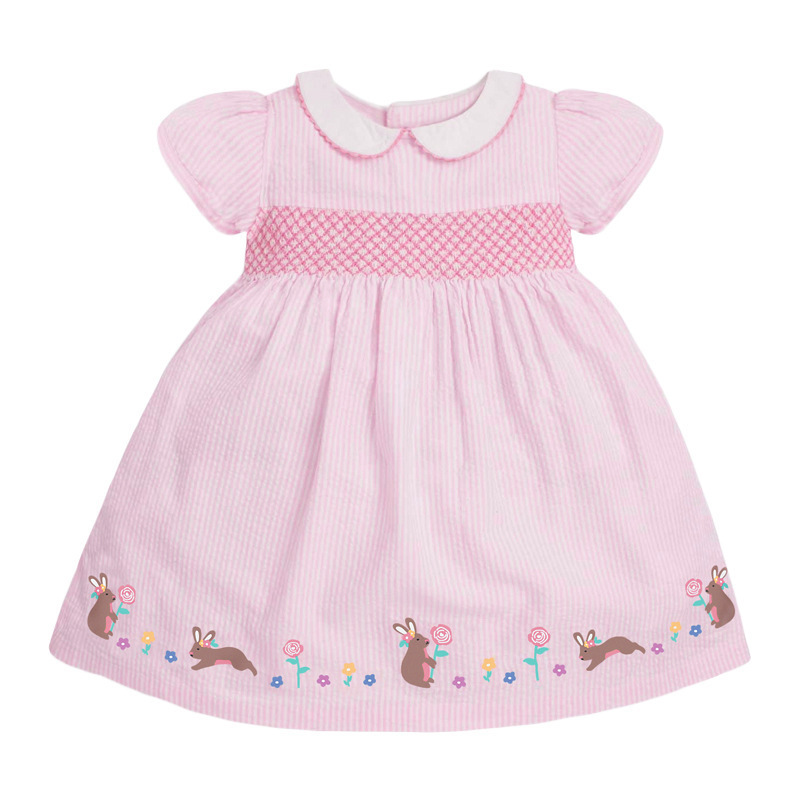 Wholesale Baby casual Clothes Easter Pink Short Sleeve kid Smocked Toddler children Girls Dresses