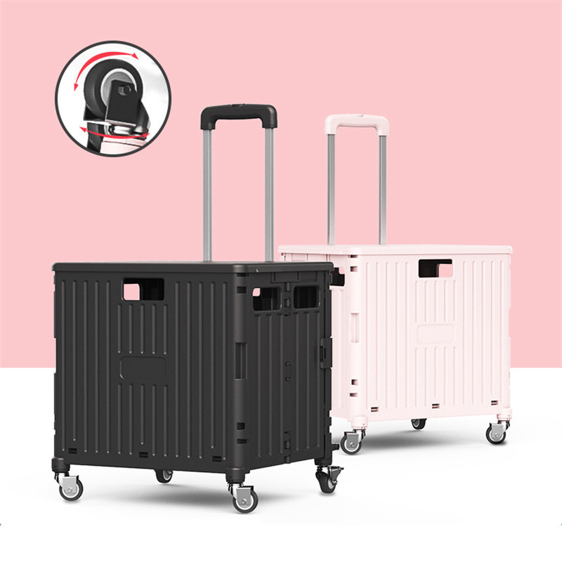 Bafuluo Collapsible Rolling Crate on Wheels Basket 80 lbs Capacity Ultra-Slim Plastic Pack-N-Roll Cart With Telescopic Handle