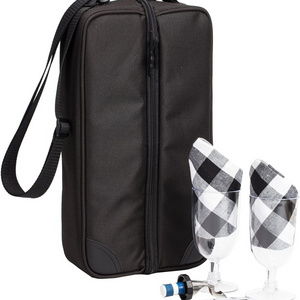 Custom high quality wholesale Picnic Two tableware Set Carrying wine holder cooler bag