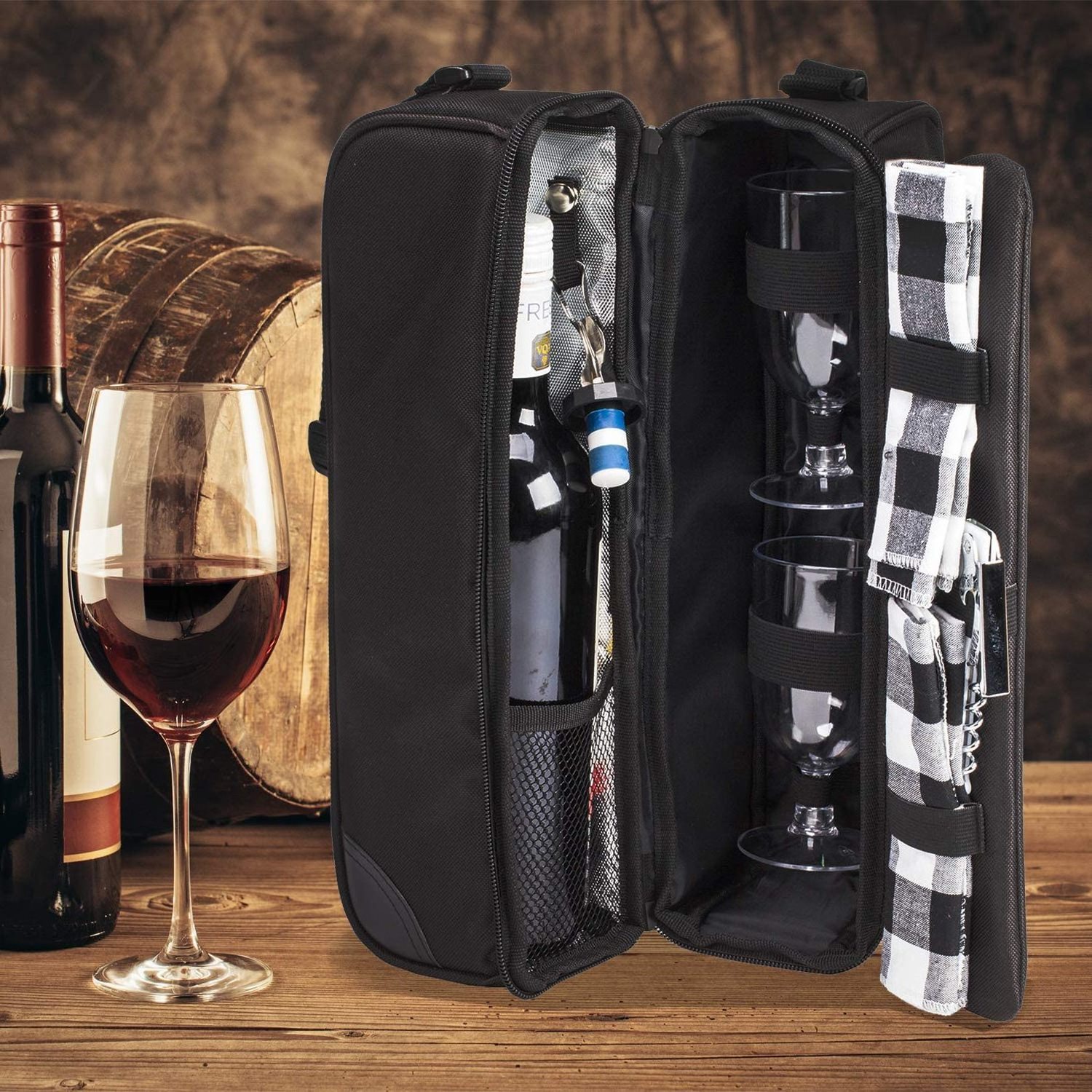 Custom high quality wholesale Picnic Two tableware Set Carrying wine holder cooler bag