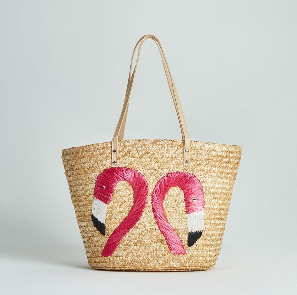 wholesale moroccan large straw bag embroidery flamingo wheat straw tote bag with leather