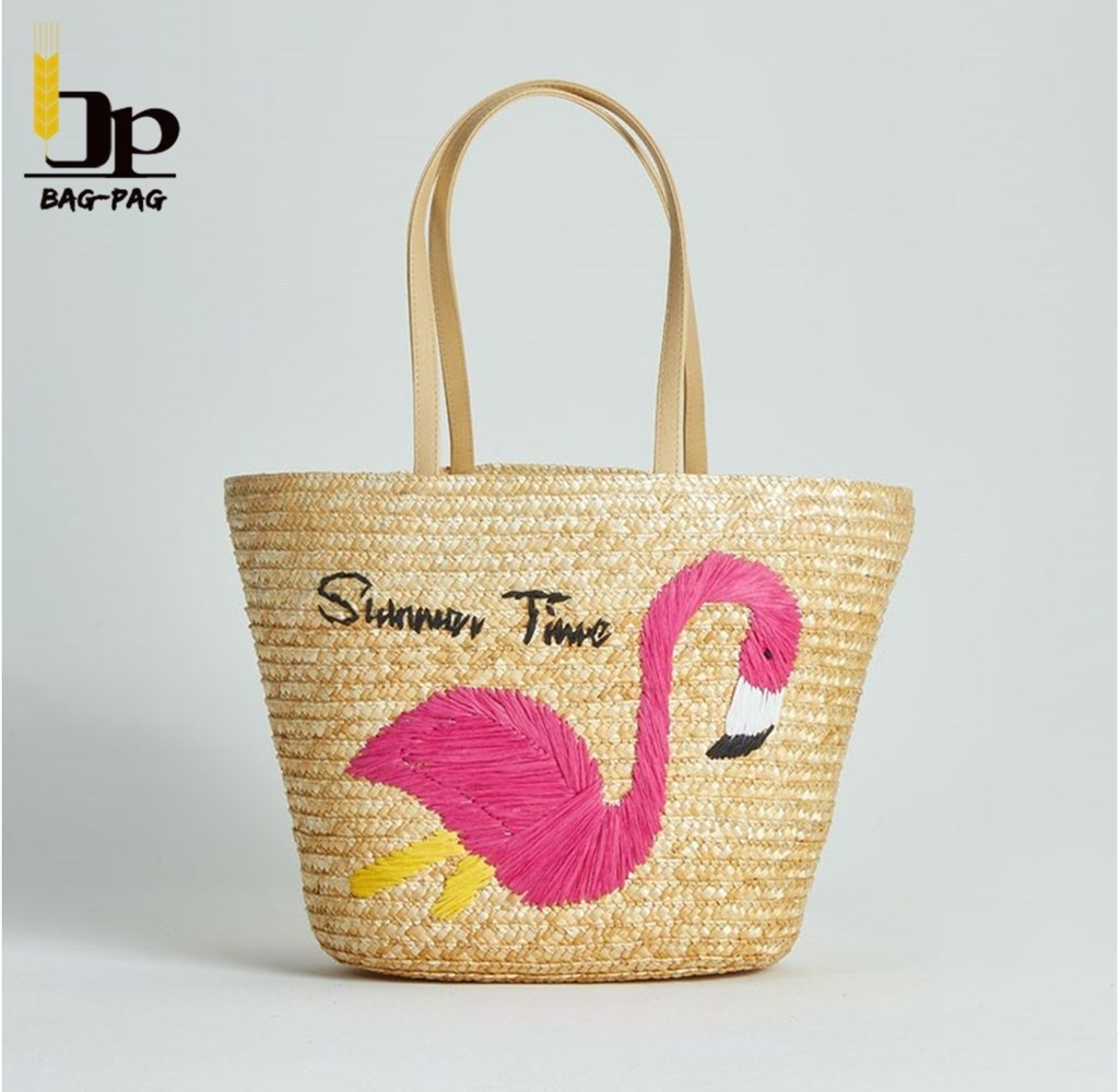 wholesale moroccan large straw bag embroidery flamingo wheat straw tote bag with leather