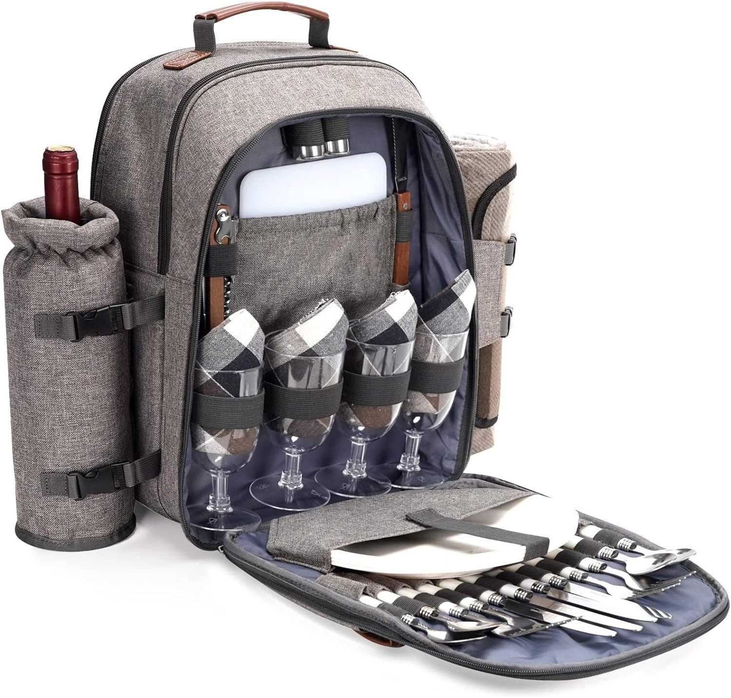 Picnic Backpack Set for 4 Person with Cooler Compartment, Picnic Bag with Waterproof Pouch