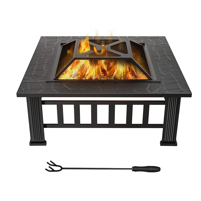 Outdoor Metal Square Table Backyard Patio Garden Stove Wood Burning Brazier Fire Pit with Spark Screen