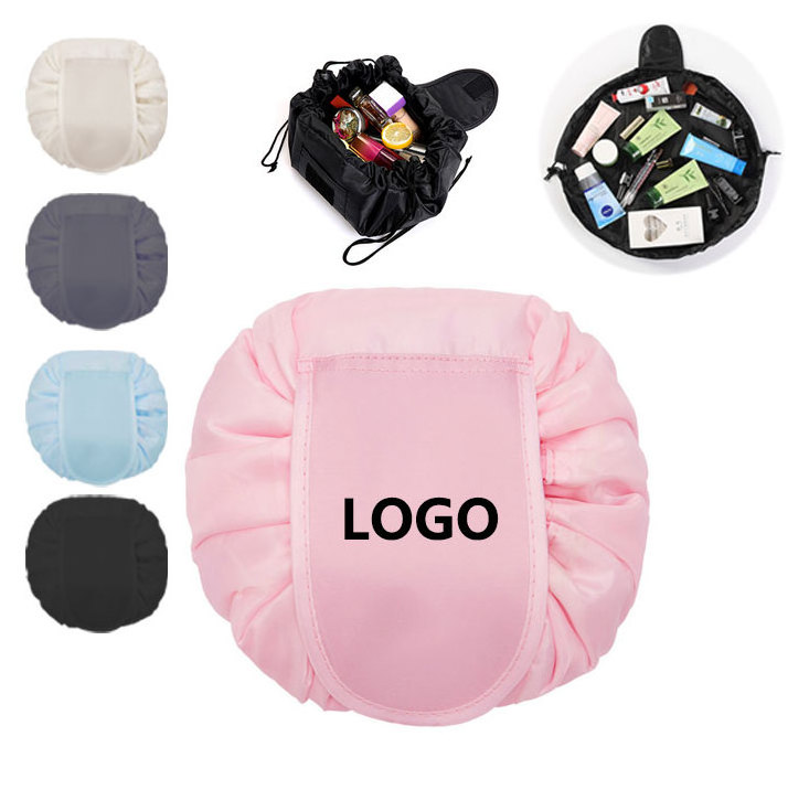 Wholesale Custom Print Logo Travel Large Capacity Storage Waterproof Polyester Drawstring Pouch Makeup Cosmetic Bag