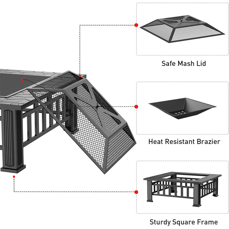 Outdoor Metal Square Table Backyard Patio Garden Stove Wood Burning Brazier Fire Pit with Spark Screen