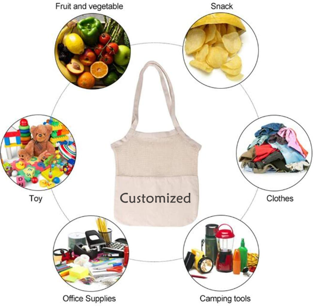 Custom Logo Large Reusable Cotton Mesh Bag Grocery Shopping Net Bags With Strings For Vegetables Fruit Food Package