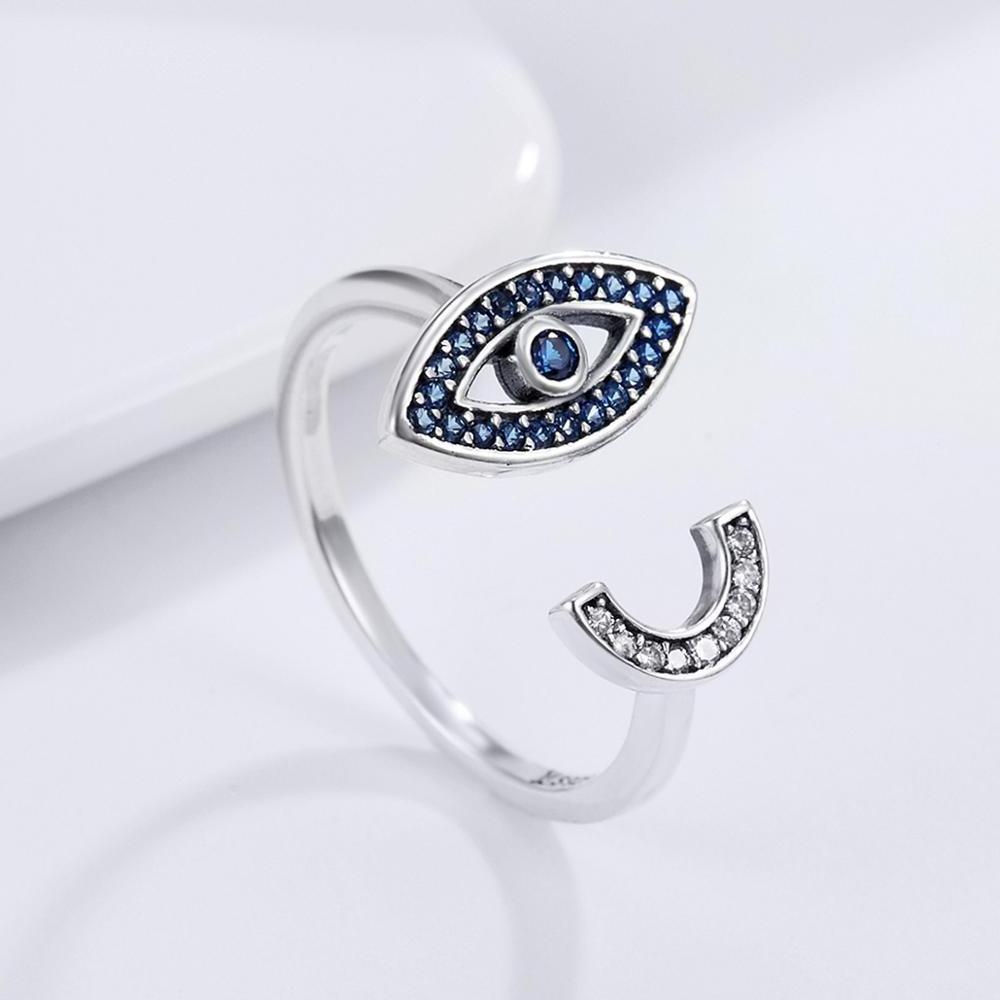 BAGREER SCR173 CZ Stone 925 Sterling Silver Crystal Open Ring Lucky Blue Eye Finger Rings for Women Fashion Silver Jewelry Gift