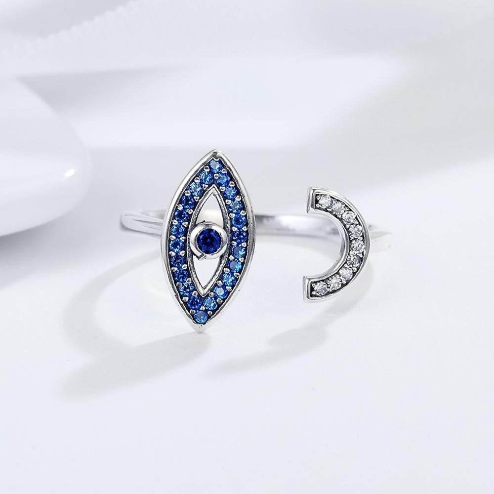 BAGREER SCR173 CZ Stone 925 Sterling Silver Crystal Open Ring Lucky Blue Eye Finger Rings for Women Fashion Silver Jewelry Gift