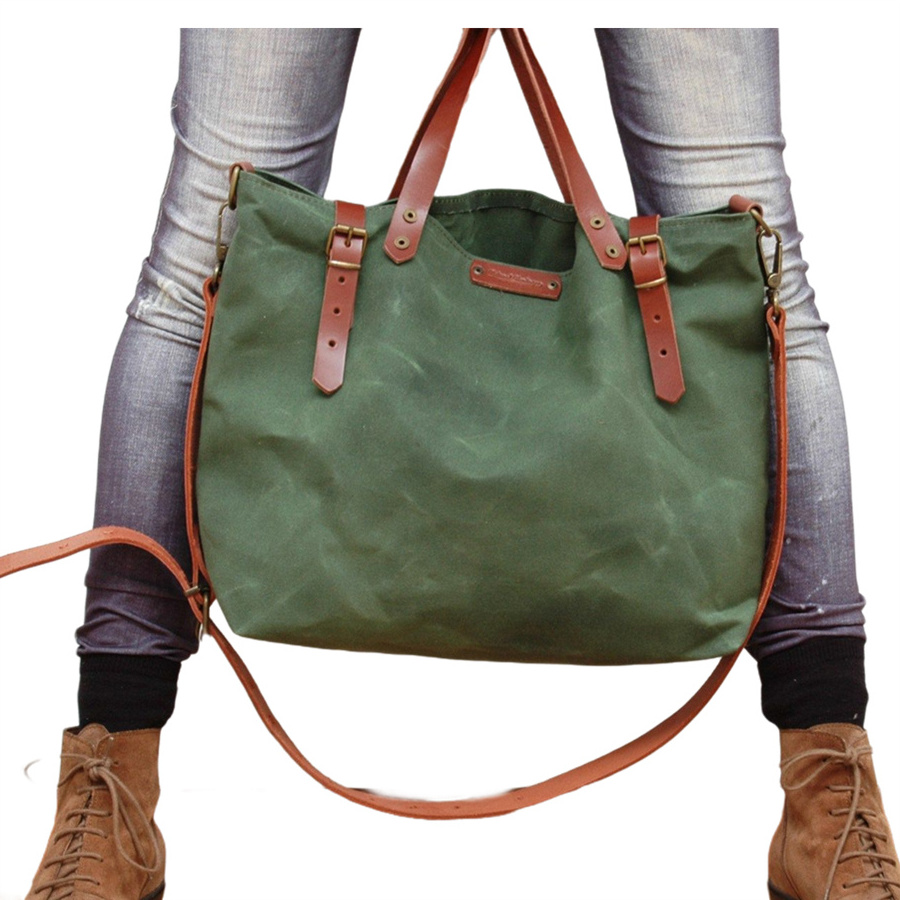 Custom Handles Crossbody Shoulder Waxed Canvas Tote Bag With Leather Straps