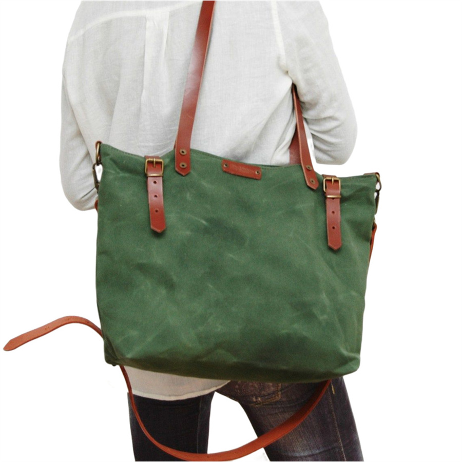 Custom Handles Crossbody Shoulder Waxed Canvas Tote Bag With Leather Straps