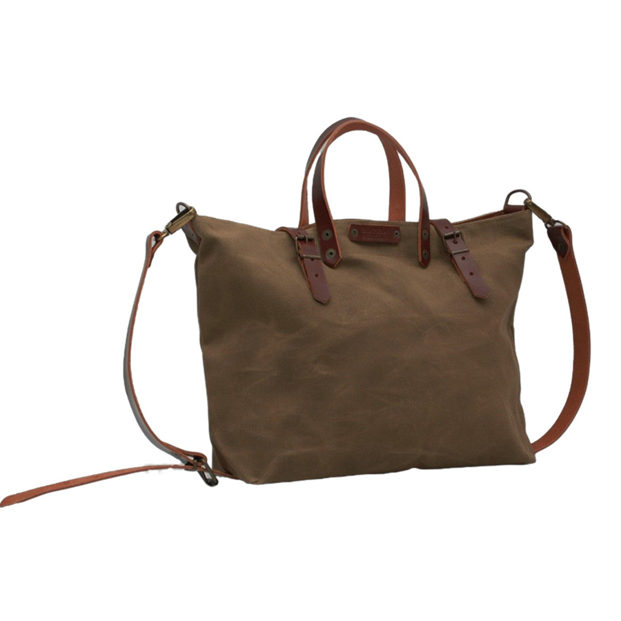 Custom Handles Crossbody Shoulder Waxed Canvas Tote Bag With Leather Straps