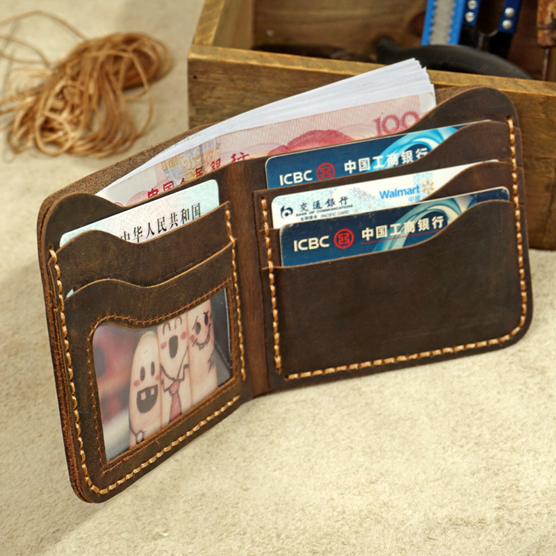 Handmade leather men's short wallet crazy horse wallet