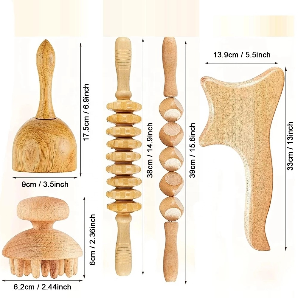 5 in 1 Wood Massage Therapy Tools Kit for Body Shaping Wooden Lymphatic Drainage Massager for Cellulite Wooden Gua Sha Tools Kit