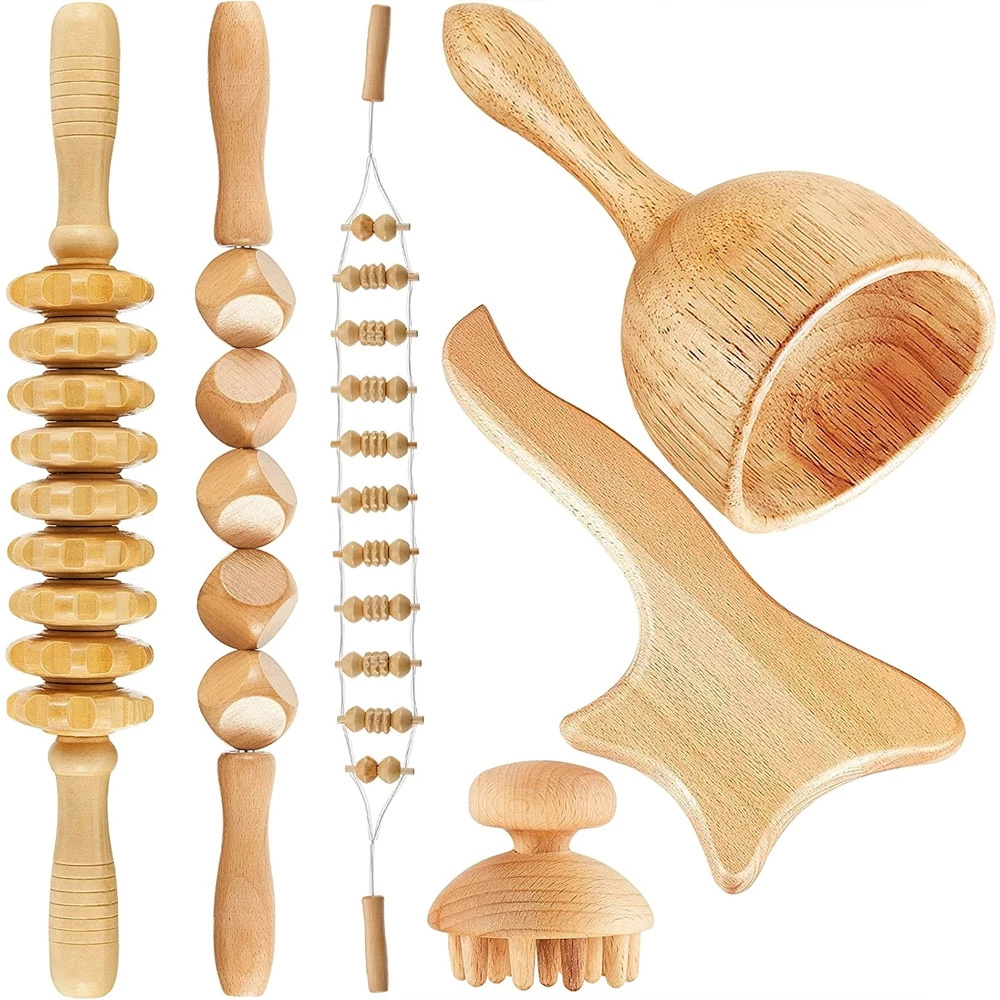 5 in 1 Wood Massage Therapy Tools Kit for Body Shaping Wooden Lymphatic Drainage Massager for Cellulite Wooden Gua Sha Tools Kit