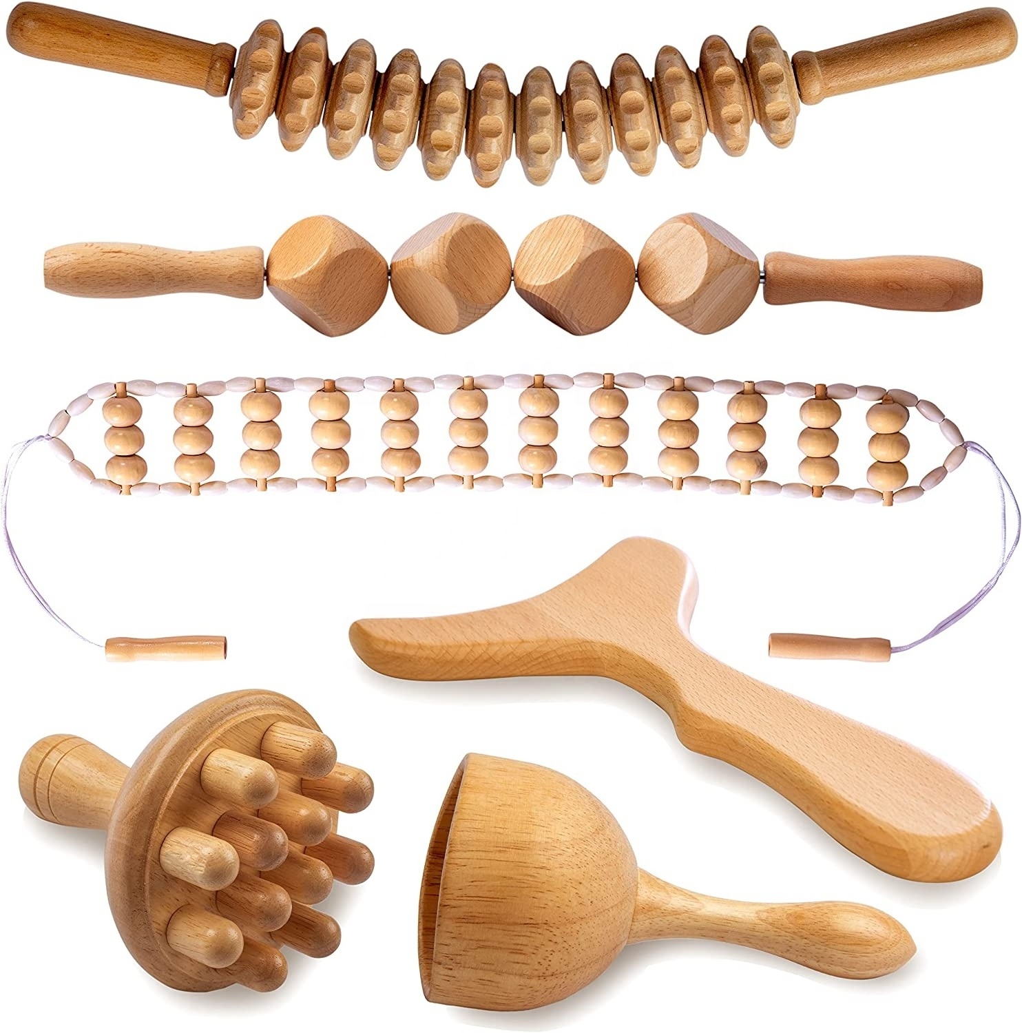 5 in 1 Wood Massage Therapy Tools Kit for Body Shaping Wooden Lymphatic Drainage Massager for Cellulite Wooden Gua Sha Tools Kit