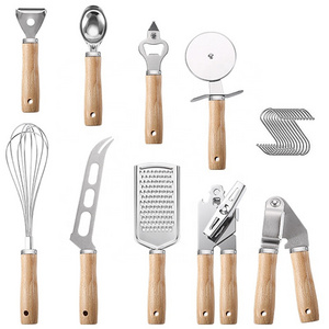 High quality 9 Piece kitchen accessories tools stainless steel kitchen utensils kitchen gadgets set with wood handle