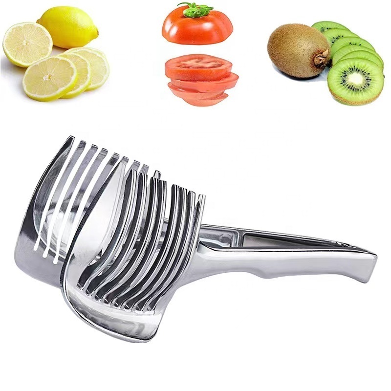 Multipurpose Handheld Round Fruit Slicer Tongs Zinc alloy Onion Holder Tomato Lemon Slicer