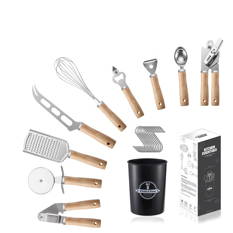 High quality 9 Piece kitchen accessories tools stainless steel kitchen utensils kitchen gadgets set with wood handle