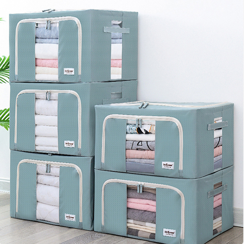 Steel Frame Storage Box With Clear Window Double Zipper Waterproof Oxford Cloth Large Foldable Fabric Cloth Organizer