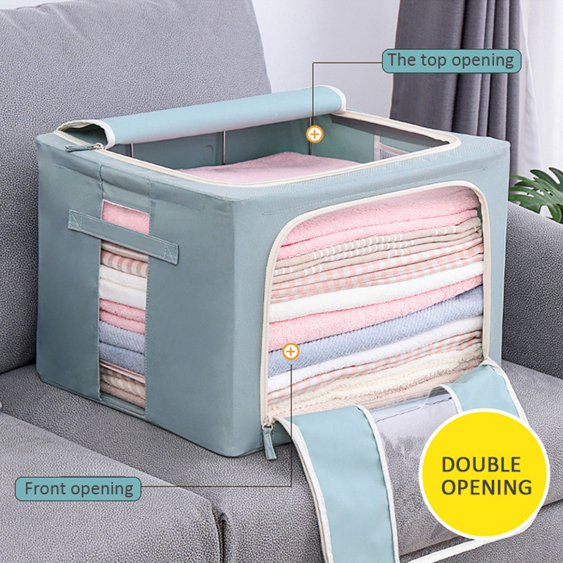 Steel Frame Storage Box With Clear Window Double Zipper Waterproof Oxford Cloth Large Foldable Fabric Cloth Organizer