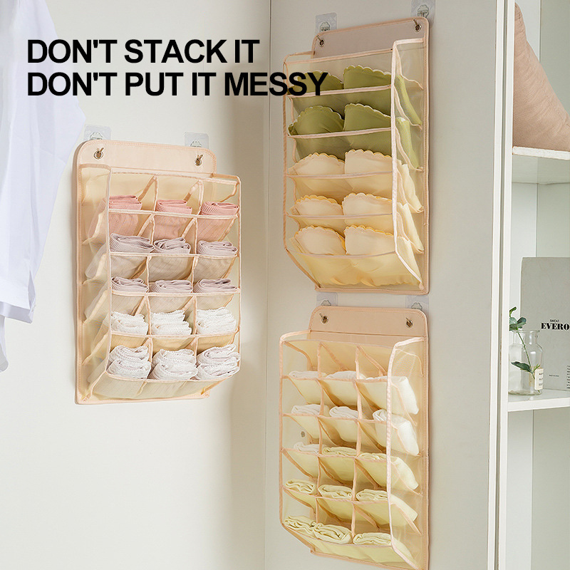 Hot Sale No-Punch Wall Mounted Foldable Compartment Durable Lingerie Washable Mesh Closet Wall Organizer