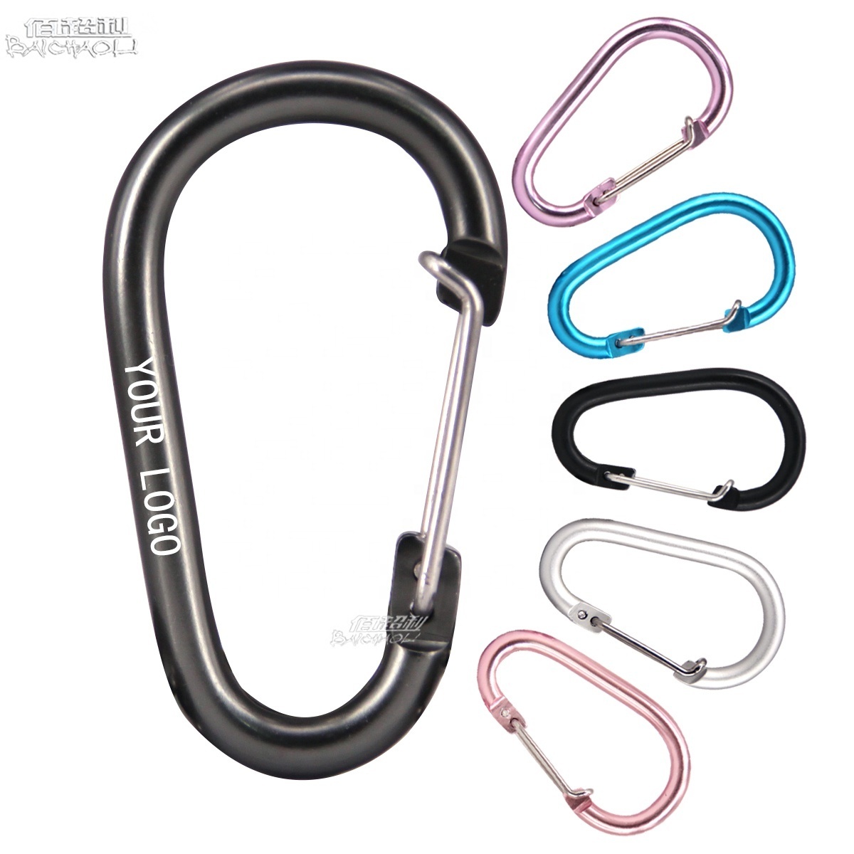 baichao OEM/ODM cheap 6# Aluminum alloy metal black egg shape CLIP spring Wire  carabiner hooks for charger/hunting/tent/ball